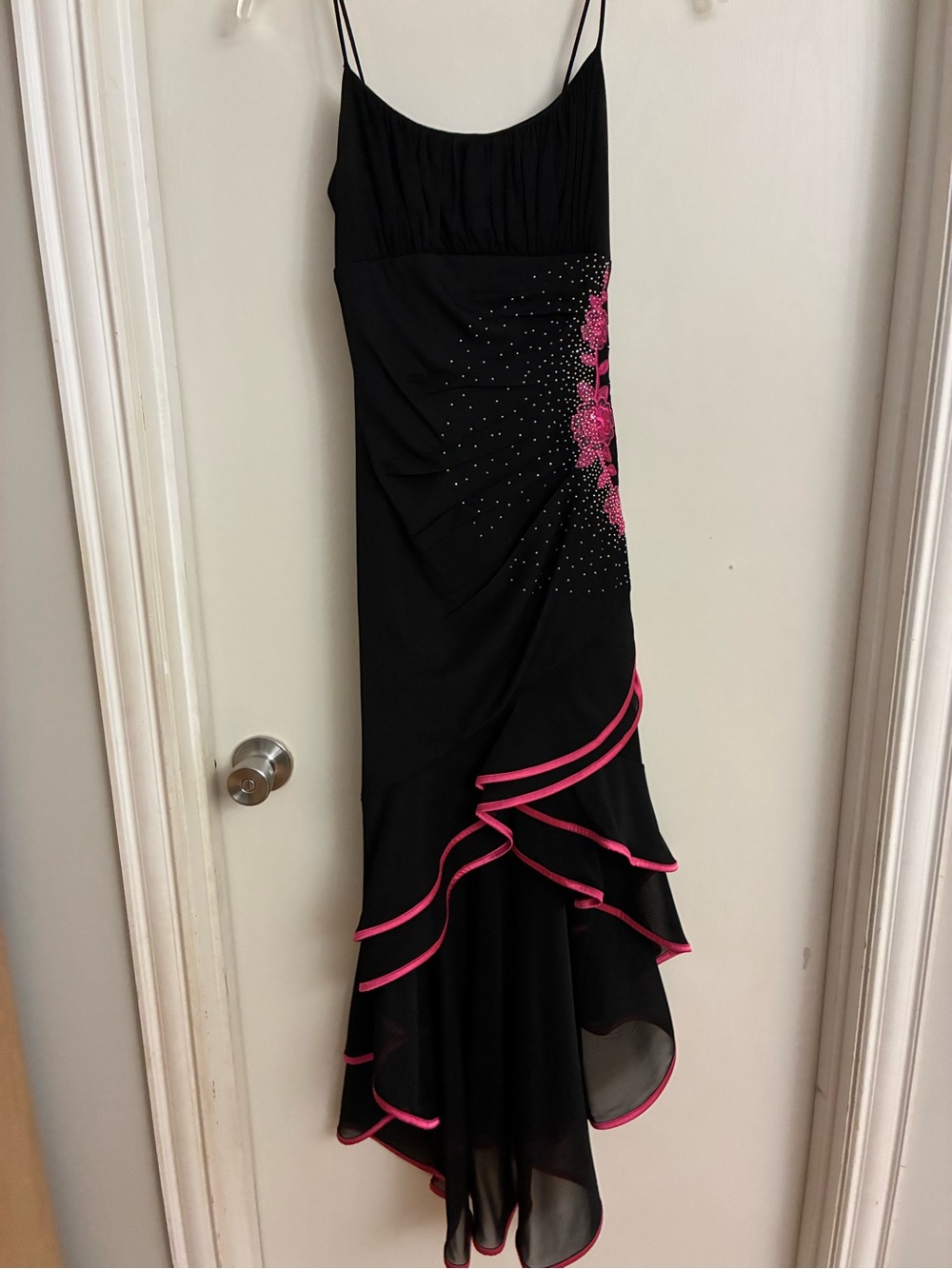 Black and Hot Pink Spaghetti Strap Prom Dress with Ruffle Hem